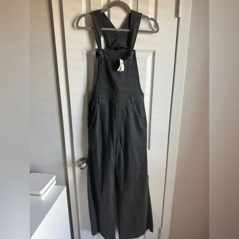 NEW AERIE Denim Overalls Werk & Play Twill Baggy Wide Leg Black Grey Women’s XS - Picture 3 of 8